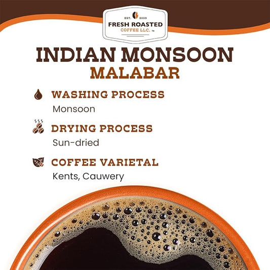 Fresh Roasted Coffee, Indian Monsoon Malabar, 12 oz, Light Roast, Kosher, Whole Bean