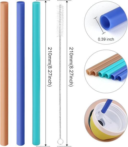 Joshey 6PCS Replacement Straws for Owala FreeSip 24oz & 32oz Water Bottles - Reusable Plastic Straws with 1 Cleaning Brush, Travel Tumbler Accessories Parts - 3 Colors (Brown, Royal-Blue, Green)