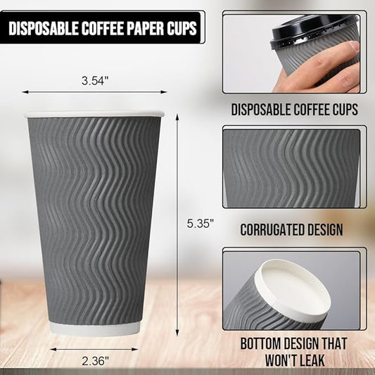 BYSNOW 16 oz Coffee Cups with Lid, 100 Pack Disposable Coffee Cups Insulated Ripple Paper Cups for Water, Juice, Coffee (Gray 16 oz)