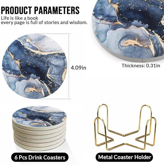 Ceramic Coasters Set of 6, Marble-Textured Design with Holder - Absorbent Cork-Backed Coasters for Cups, Bar & Coffee Table Decor Accessories (Dark Blue Marble, 6 Pack)