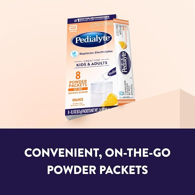Pedialyte Electrolyte Powder, Hydration Drink for Kids & Adults, Orange, 8 Powder Packets