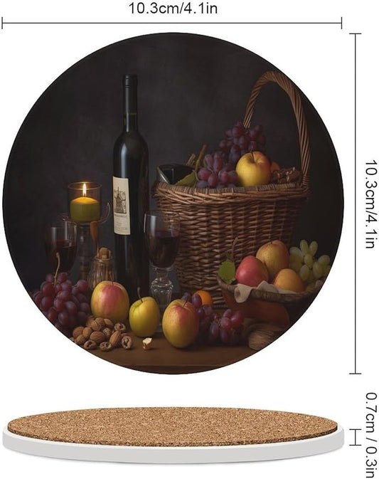 Red Wine Drink Coasters, Round Ceramic Drink Coaster Round-6PCS, Red Wine Bottle and Grapes on Wood Fruit Print Decor Absorbent Ceramic Coasters for Beverage Cup, Bar, Coffee Table