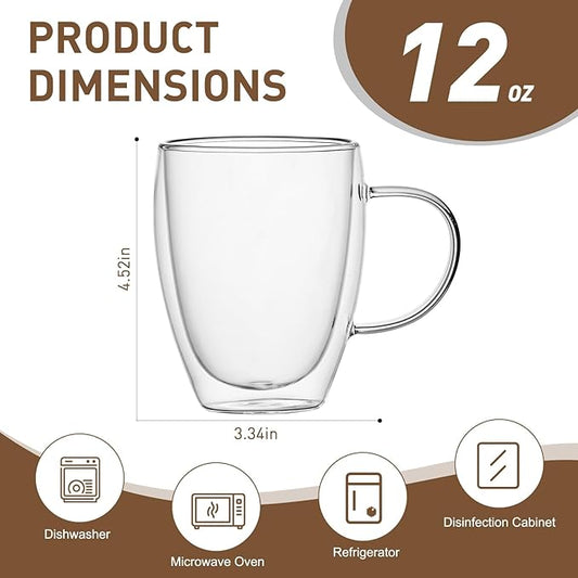 4-Pack 12 Oz Double Walled Glass Coffee Mugs with Handle, Insulated Layer Coffee Cups, Clear Borosilicate Glass Mugs, Gift for Cappuccino,Tea,Latte,Espresso,Hot Beverage,Wine, Microwave Safe, Set of 4
