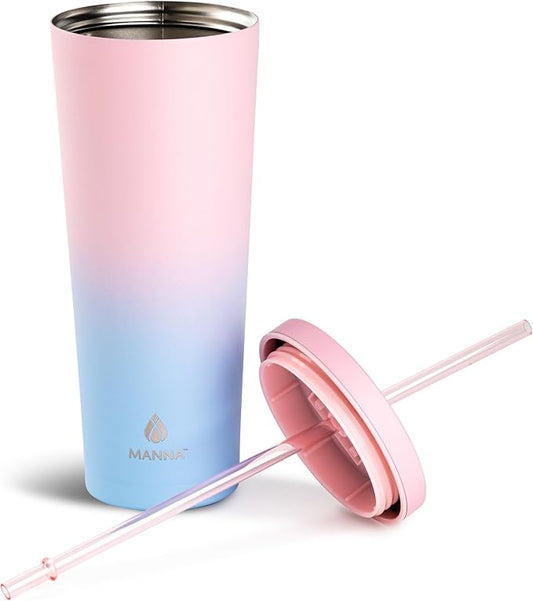Manna Chilly Double-wall Vacuum Insulated Stainless Steel Tumbler with Splash-proof Lid and Reusable Tritan Straw - 24 Oz - Sky Blue Ombre