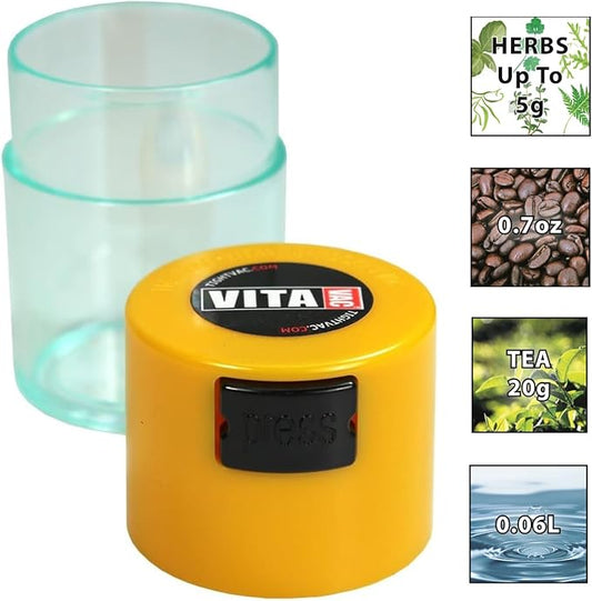 Vitavac - 5g to 20 grams Airtight Multi-Use Vacuum Seal Portable Storage Container for Dry Goods, Food, and Herbs - Yellow Clear