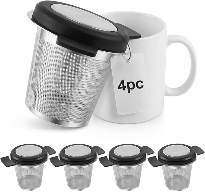 4 Pcs Tea Strainers for Loose Tea Stainless Steel Tea Steeper Large Capacity Tea Infuser Fine Mesh Tea Diffuser with Silicone Lid and Heat Proof Double Handles for Teapots Cups Mugs