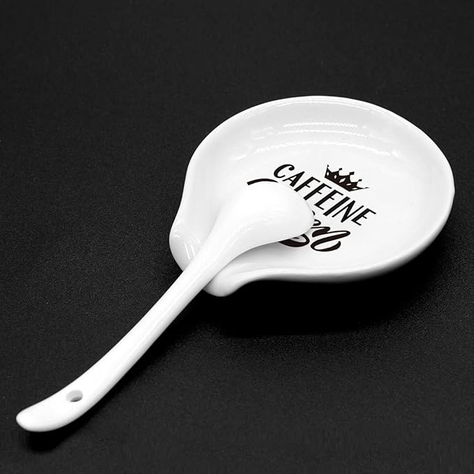 Coffee Spoon Rest-Funny Coffee Quote Black and White Ceramic Coffee Spoon Holder-Small Spoon Rest for Coffee Station Coffee Bar-Coffee Lovers Gift for Women (Caffeine Queen)