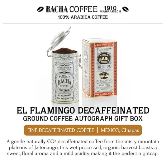 Bacha Coffee | El Flamingo Decaf Single Origin, Ground Beans, Medium Dark Roast, 100% Arabica Specialty Coffee, 250g Autograph Collection, Gift Box