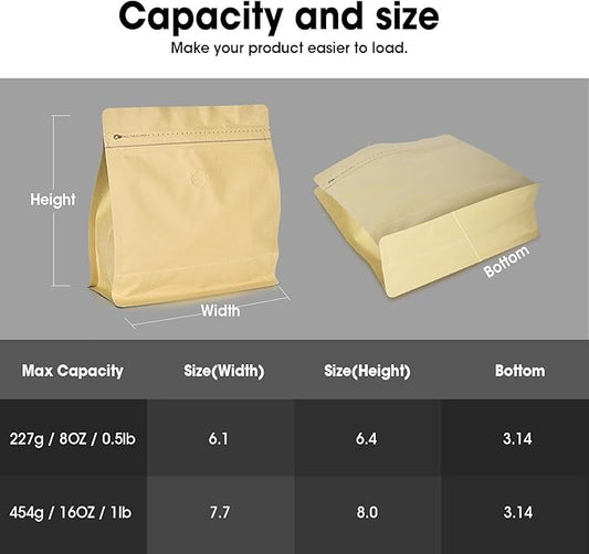 50 Count 16oz Coffee Bags with Valve,1lb Vented Coffee Beans Packaging Bags High Barrier Aluminumed Foil Flat Bottom Heat Sealed Side Zipper Resealable Storage Bag for Home or Business(Kraft paper)