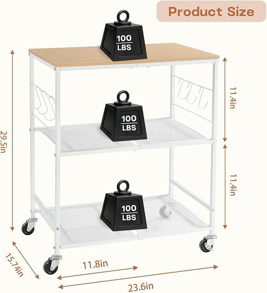 Rolling Kitchen Microwave Cart, 3 Tier Microwave Stand with Storage, Small Kitchen Island on Wheels, Wood and Mental Kitchen Shelf Rack, White Organizer for Living Room, Office, Balcony