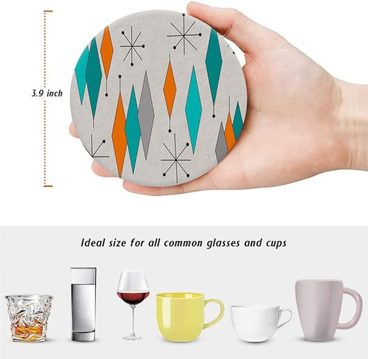 HUXJOKO Coasters for Drinks Set of 6,Mid Century Modern Diamonds Teal Absorbent Ceramic Coaster,Round Stone Mat,with Cork Base and Metal Holder for Coffee Table Room Bar Home Decor Housewarming Gifts