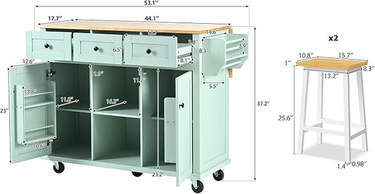 Rolling Kitchen Island with 2 Bar Stools, Drop Leaf, Cabinet Door Storage Racks & 3 Drawers, Mobile Kitchen Cart with Rubberwood Top & Locking Wheels for Dining Room & Kitchen, 53-Inch, Mint Green
