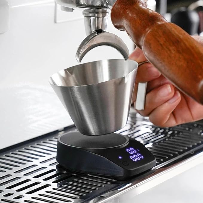 watchget Stainless Steel Espresso Cups, Double Spout & Dual Scale Measuring Cup with Handle, 3.4OZ/100ml Capacity Espresso Accessories for Coffee Brewing (Silver)