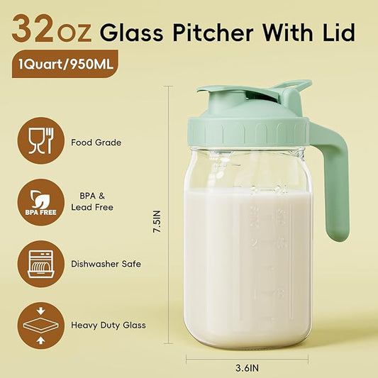 Breast Milk Pitcher - 32 oz Glass Mason Jar with Dual Leak-Proof Design, Airtight Seal, Pour Spout & Handle, Storage Container for Breastmilk, Iced Tea & Ice Drinks(Green)