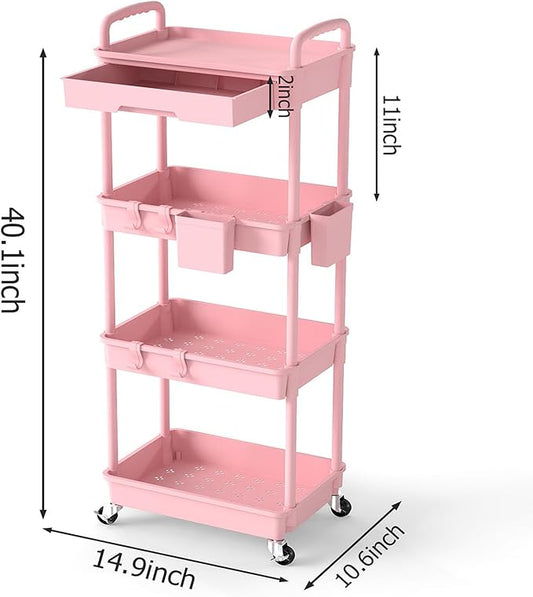 4 Tier Rolling Utility Cart with Drawer, Plastic Storage Organizer Rolling Carts with Wheels Handles Hanging Cups Hooks for Office, Bathroom, Kitchen,Craft Art Room (Pink)