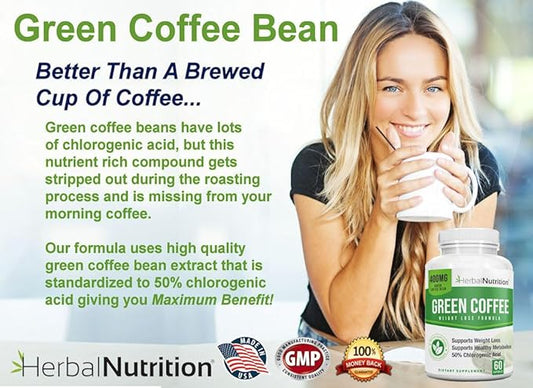 Herbal Nutrition BOGO Pure Green Coffee Bean Extract, Two Bottle Pack, 120 Capsules, Multi-Level Dosing 400mg - 1200mg Per Serving, 50% Chlorogenic Acid. Weight Loss & Cleanse Supplement