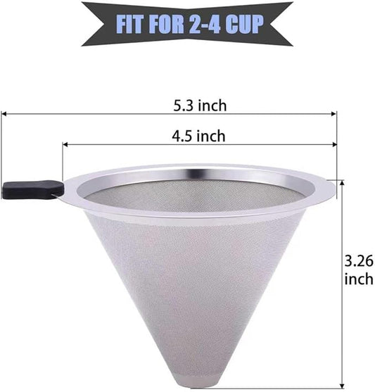 Pour Over Coffee Filter Dripper, Stainless Steel Metal Cone Drip Coffee Filter, Paperless and Permanently Reusable, Double Mesh Coffee,Tea Filter for 2-4 Cups