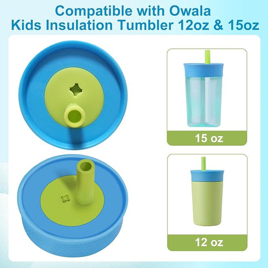 2 Pack Replacement Lids for Owala Kids Insulation Tumbler 12oz & 15oz, Spill Resistant Cap with 4 Flexible Straws, BPA-Free, Dishwasher Safe, Accessories for Owala Kids Bottle