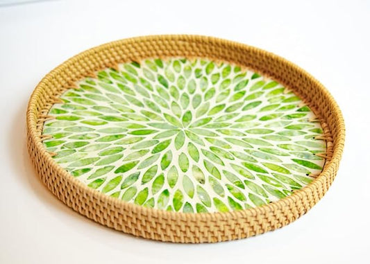 Magenta & Teal Round Rattan Serving Tray with Mother of Pearl Inlay, Wicker Coffee Table Decor, Farmhouse Style (Green Petals)