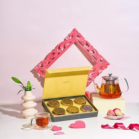 VAHDAM, GLOW - Assorted Valentines Day Tea Gift Set (6 Loose Leaf Tea) Tin Caddy Presentation Box | Gluten Free, Non GMO | Valentines Day Gifts for Him & Her