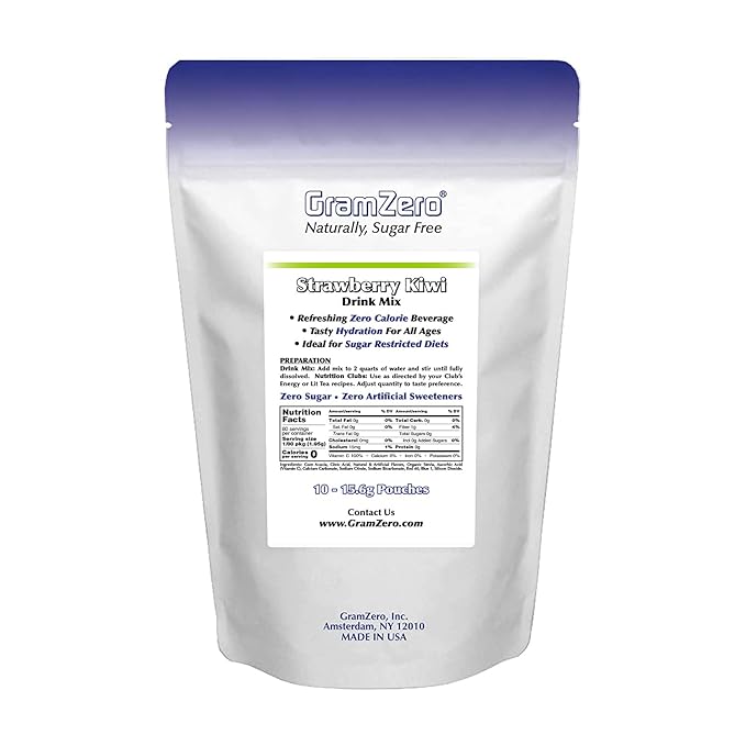 GramZero Strawberry Kiwi, Sugar Free Drink Mix, Pitcher Pack, Great For Nutrition Club Loaded Tea, Zero Calorie, Stevia Sweetened