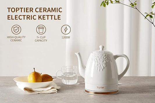 Toptier Electric Ceramic Tea Kettle, Boil Water Quickly and Easily, Detachable Swivel Base & Boil Dry Protection, Carefree Auto Shut Off, 1.5 L, White