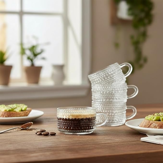 Espresso Cups, Set of 6 Shot Glasses 3 oz Coffee Espresso Mugs, Insulated Clear Thick Glass with Handle - Hobnail Embossed Mini Mugs Demitasse Cup Dishwasher Safe