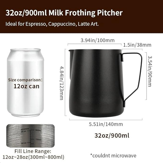watchget Milk Frothing Pitcher 32oz/900ml - Stainless Steel Frothing Pitcher Espresso Steaming Pitcher Coffee Frother Cup Cappuccino Latte Art Coffee Machine Accessories Milk Jug, Black