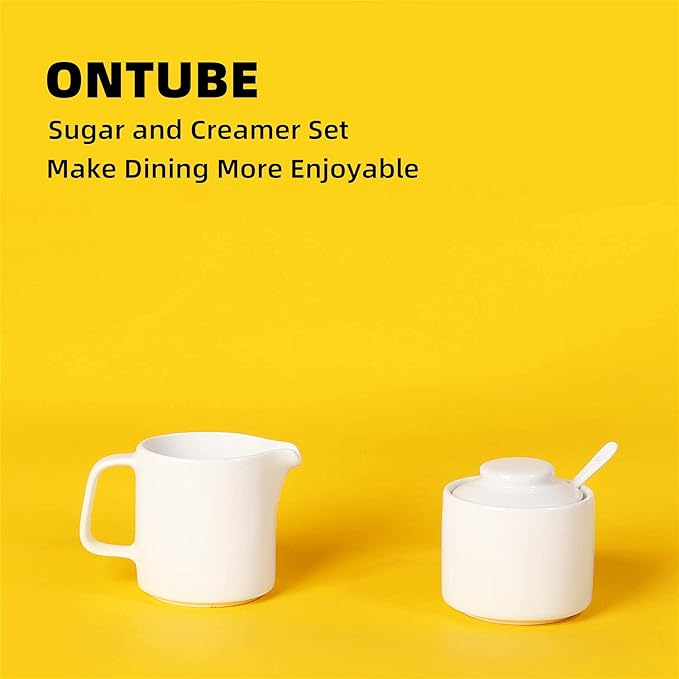 ONTUBE Porcelain Sugar and Creamer Set of 3,Ceramics Cream Pitcher, Sugar Bowl with Lid and Spoon (Bright White)