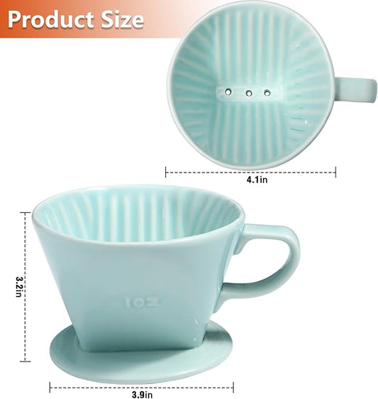 Pour Over Ceramic - Coffee Dripper Ceramic Coffee Maker with 3 Holes Flat Bottom, Porcelain Slow Filter Cone for Travel, Camping, Office, Home, Coffee Maker Brew, Green