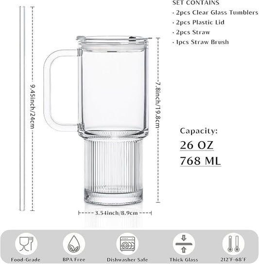 INSETLAN 26oz Glass Tumbler with Handle & Lid – 2-Pack Large Iced Coffee Cups with Straws, Modern Glass Mug for Cold & Hot Beverages, Aesthetic Glass Cups for Smoothies, Tea, and Juice