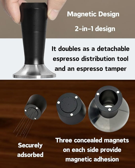 Espresso Tamper 51/53/58mm Magnetic WDT Tool 2 in 1 Accessories, Barista Coffee Tamper Kit with Distribution Tool Dosing Funnel Puck Screen, Stainless Steel Flat Base (53mm)