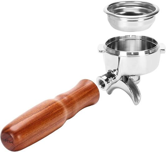 DIBTSA 58mm Espresso Portafilter Compatible with Nuova Simonelli,Double Spouts 2 Ears, with Stainless Steel Head and Filter Basket and Wood Handle