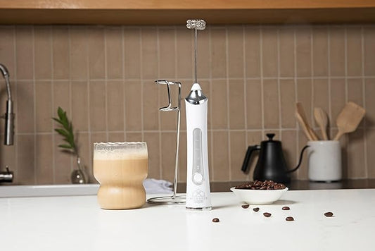 Handheld Frother Electric Whisk, Milk Foamer, Mini Blender and Electric Mixer, 3 Heads 3 Speed Adjustable, Rechargeable Hand Mixer Wand for Latte, Egg Beater, Powder Mixer, With Stand (300, White)