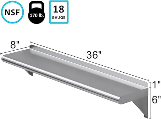 Stainless Steel Wall Shelf 8" x 36" | Metal Shelving | Garage, Laundry, Storage, Utility Room | Restaurant, Commercial Kitchen | NSF Certified |