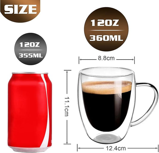 Clear Glass Double Wall Insulated Round Coffee Mugs Set of 4 Pieces - Medium Size 12oz Best Reusable Coffee Mug for Home Cafe Restaurant Perfect for Espresso Capucinno Lungo Latte Coffee