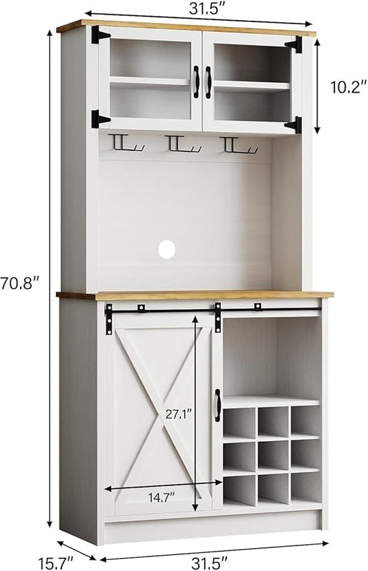4ever2buy 72" Farmhouse Coffee Bar Cabinet with Sliding Barn Door, White Coffee Bar with Storage, Large Kitchen Buffet Cabinet with Wine Rack, Tall Bar Cabinet Table Living Dining Room