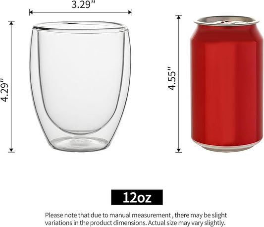 NIRA.Z 4 Pack 11.6oz/343ml Double Wall Glass Coffee Mugs, No Hole Bottom, Insulated Borosilicate Glass Coffee Cups, Clear Mugs for Hot & Cold Beverages, Perfect for Espresso, Latte, Tea, Cappuccino