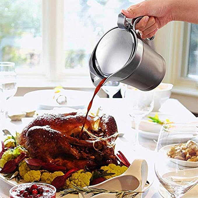 Double Insulated Gravy Boat - Stainless Steel Sauce Jug with Hinged Lid Hinged Lid Ideal for Gravy or Cream at Thanksgiving (750ML/26 OZ)