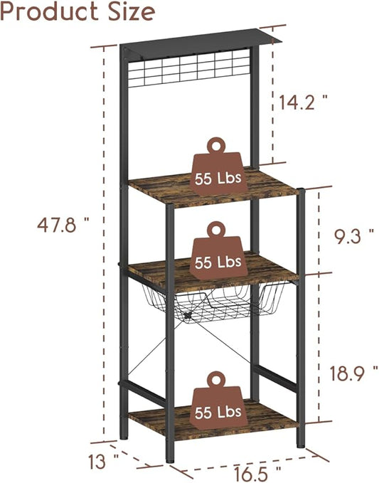 4 Tier Coffee Bar Station, Corner Bakers Rack with 5 Hooks & Wire Basket, Coffee Maker Stand for Small Space, Kitchen Storage Shelf for Entryway, Living Room, Café, Black, 16.5"x13"x47.8"