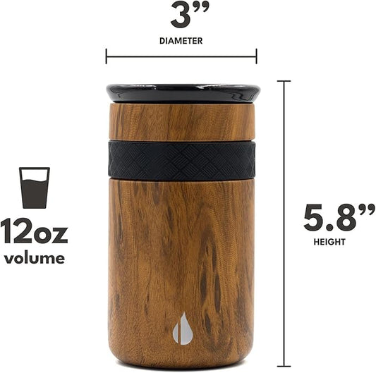 Elemental Artisan Insulated Tumbler, Triple Wall Coffee Travel Mug, Reusable Stainless Steel Coffee Tumbler with Ceramic Lid, Thermal Coffee Cups for Hot (6 Hrs) & Cold (18 Hrs), 12oz - Teak Wood