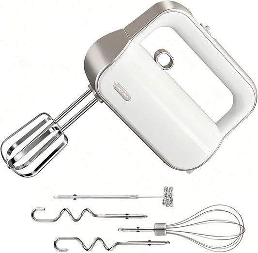 warran Master 5-Speed Electric Hand Mixer with Turbo Boost, Stainless Steel Whisk, Beaters, Dough Hooks & Milk Frother, Lightweight Handheld Mixer for Baking & Coffee, Champagne Gold