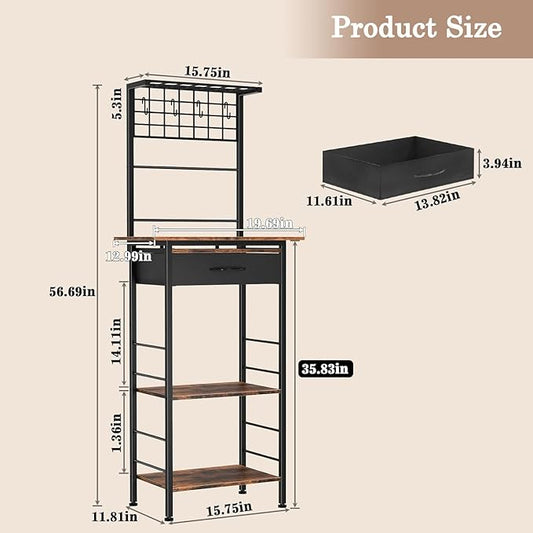 Coffee Bar Station,5 Tier Coffee Stand with Organizer Storage Drawers,Kitchen Corner Bakers Rack with 4 S-Shaped Hooks & Dual Wood,Kitchen Shelf for Small Spaces, Living Room ,Entryway (Rustic Brown)