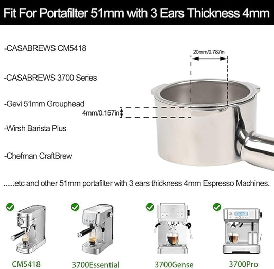 51mm Bottomless Portafilter Compatible with CASABREWS CM5418, 3700Essential, Mr. Coffee Espresso and Cappuccino Machine, Wirsh, Gevi Espresso | 51mm portafilter 3 ears with Prongs Thickness 4mm