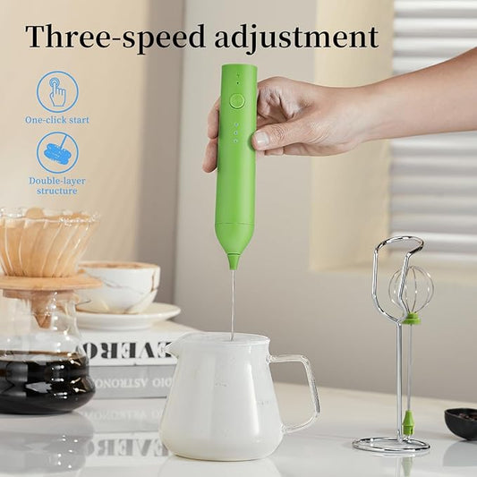 Rechargeable Milk Frother Set by ELMWAY, Electric Drink Blender with Wand and Egg Whisk, Foam Maker Mixer, Milk Frother Handled for Coffee, Latte, Matcha, Protein Powder (Green with Stand)