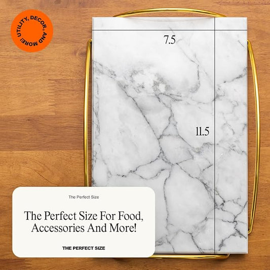 Serving Tray with Gold Handles – 12"x8" Marble Decorative Tray for Food, Drinks, Bathroom, or Coffee Table Décor by Museo