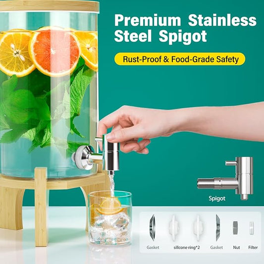 VOVUVK 1.2 Gallon Glass Drink Dispenser For Parties, beverage dispenser with Bamboo wood stand And Stainless Steel Spigot, Juice or lemonade dispenser Laundry Detergent Dispenser (1 PACK)