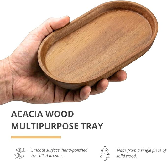 Mini Serving Trays for Parties, Small Decorative Tray for Tea&Coffee, Oval Wooden Plates for Serving Food for Appetizer&Vegetables for Bathroom 7.8"×4.6" (Acacia, Set of 2)