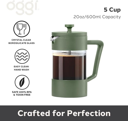 Oggi Borosilicate Glass French Press Coffee Maker (20oz)- 5 Cup Capacity, Coffee Press, Single Serve Coffee Maker, Stainless Steel Lid & Plunger, Make Great Coffee Gifts, Green
