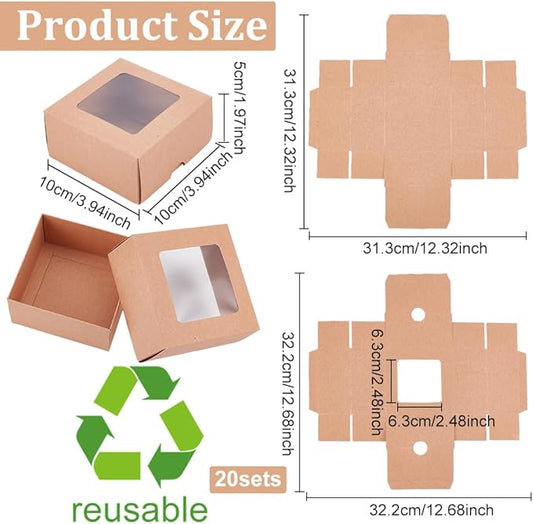 BENECREAT 12PCS Brown Kraft Paper Box with Clear Window, 3.94x3.94x1.97inch Square Kraft Paper Gift Box, Suitable for Wedding Party Gifts, Jewelry Packaging